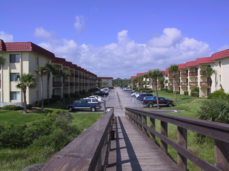 Balcony leading to units at Ocean and Racquet Resort